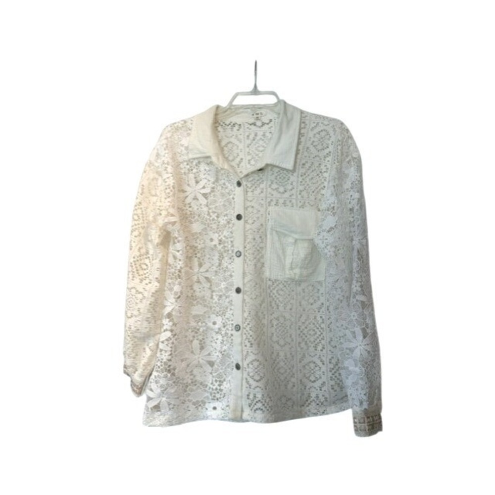 POL Womens‎ White Floral Lace Button Down Shirt Sequin Cuff SMT2266 S
